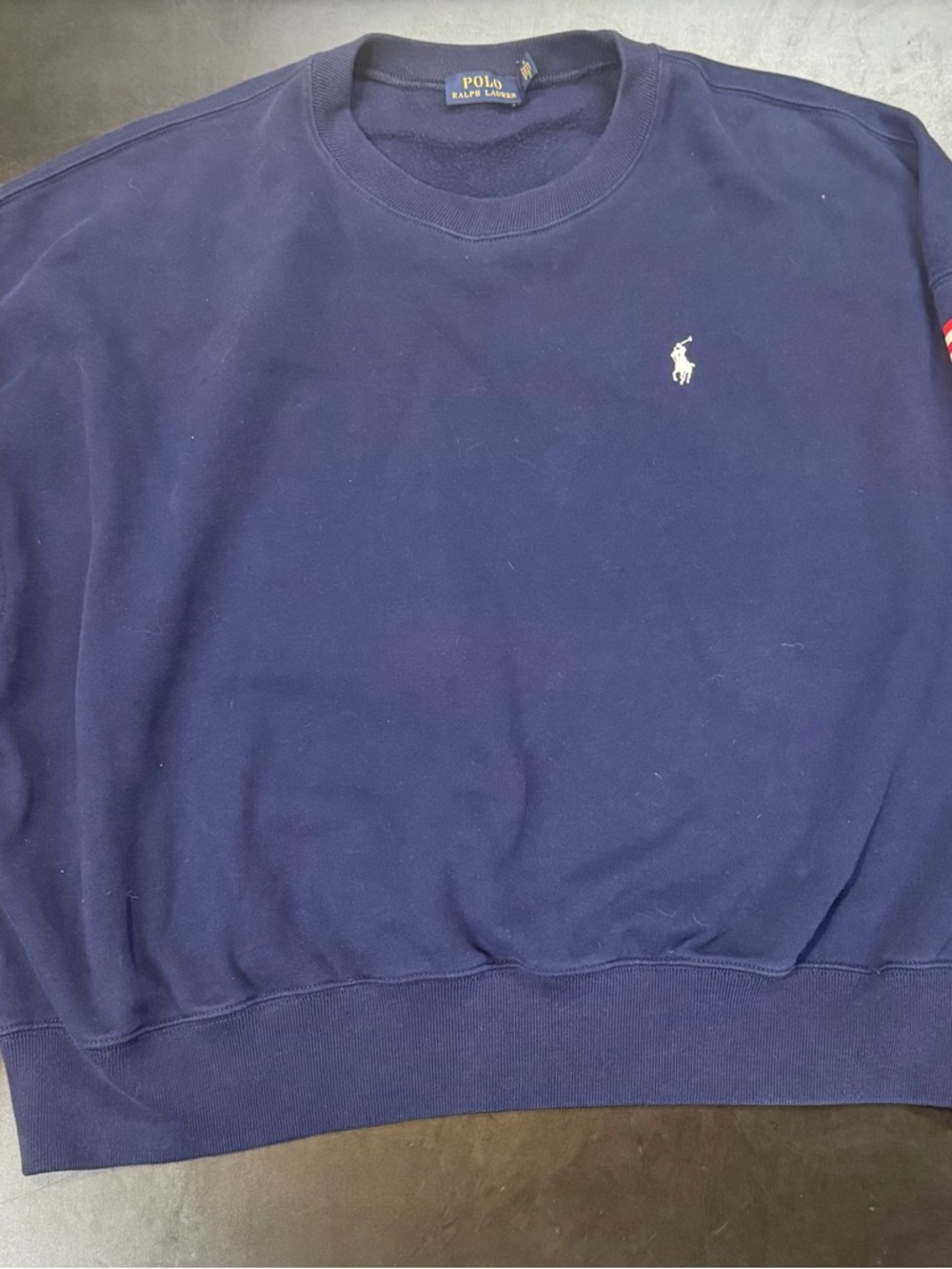 Polo Ralph Lauren Navy Crewneck Sweatshirt USA Flag Sleeve Big Logo Spellout L